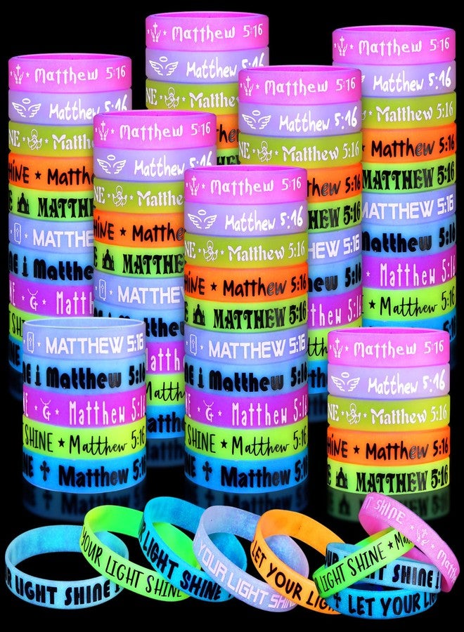 Equsion 100 Pcs Christian Bracelets Glow in Dark Let Your Light Shine Silicone Bracelets Religious Jesus Wristbands Bulk Inspirational Scripture Easter Party Gift for Baptism Church(Colorful) - Image 1